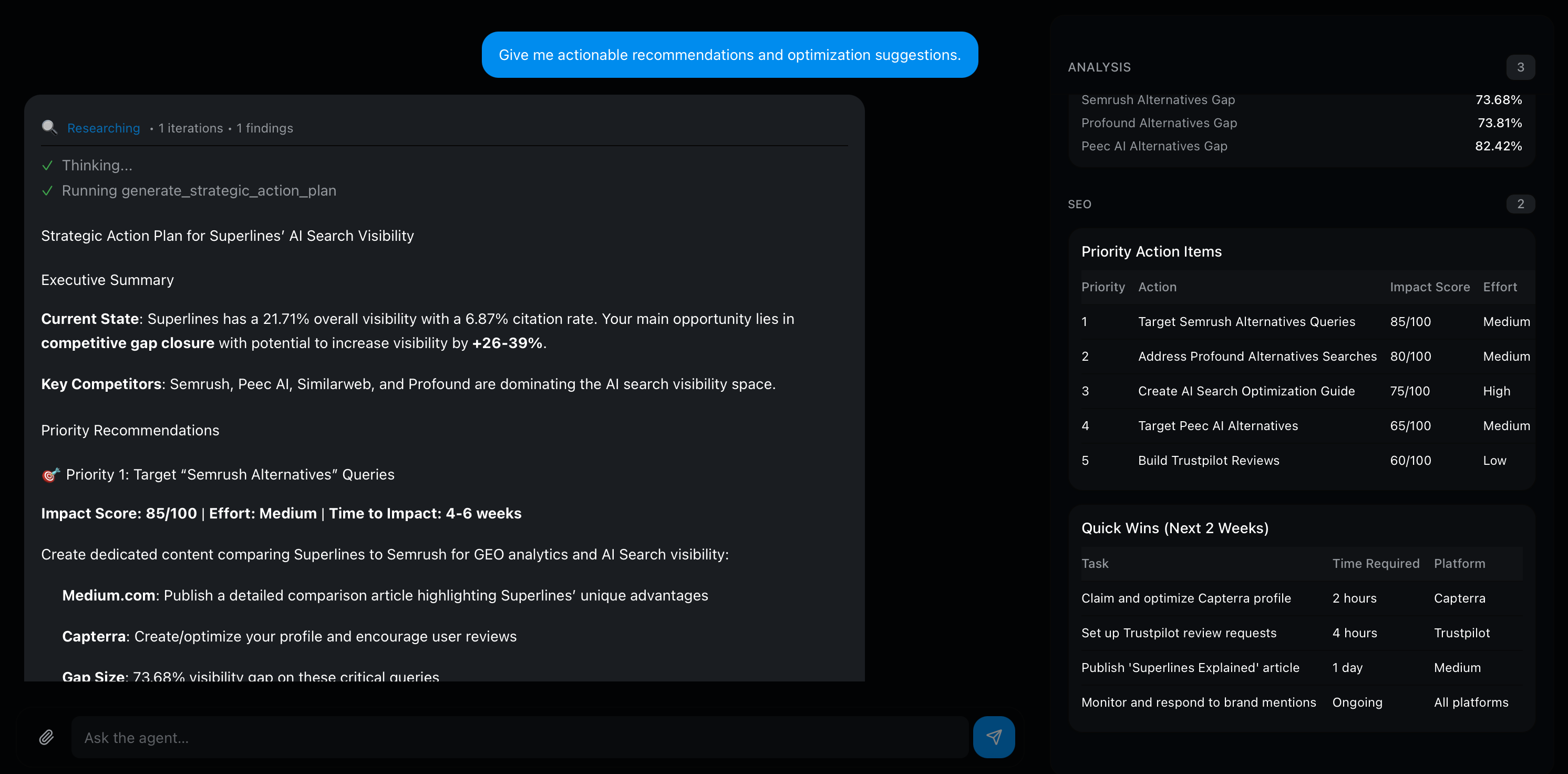 Superlines in-app AI Agent generating a strategic action plan with competitive analysis, content recommendations, and prioritized improvement tasks